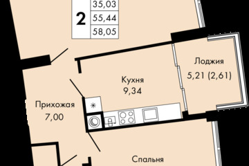 2-к квартира, 58 м², 2/9 эт.