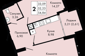 2-к квартира, 54,8 м², 5/9 эт.