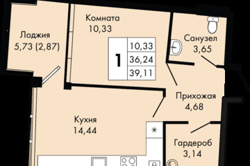 1-к квартира, 39,1 м², 6/9 эт.