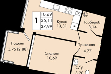 1-к квартира, 37,9 м², 6/9 эт.