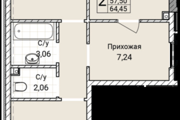 2-к квартира, 64,4 м², 1/9 эт.