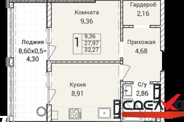 1-к квартира, 32,3 м², 2/9 эт.