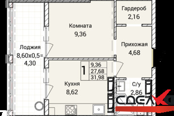 1-к квартира, 32 м², 9/9 эт.