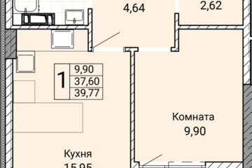 1-к квартира, 39,77 м², 3/9 эт.