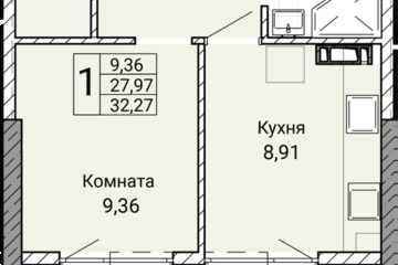 1-к квартира, 32,2 м², 3/9 эт.